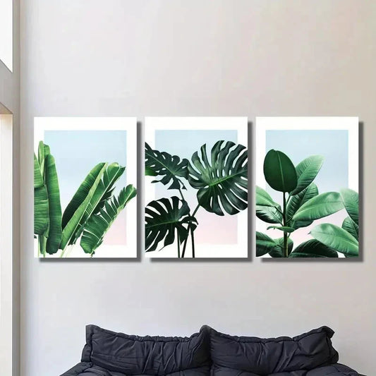3pcs Green Leaves Plant Art Poster, Tropical Metal Print Ready to Hang Art
