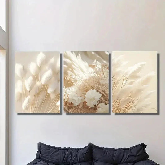 3pcs Grass & White Dried Flower Wall Decor Metal Print Ready to Hang Art