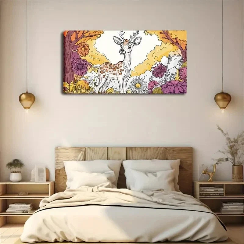 Deer Surrounded Colorful Flower Wall Art Canvas Office Home Room Framed 80x45cm