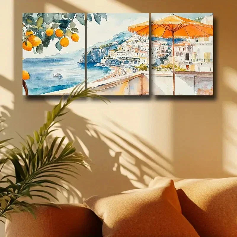 3pcs Seaside Town with Sea and lemon View Metal Print Ready to Hang Art