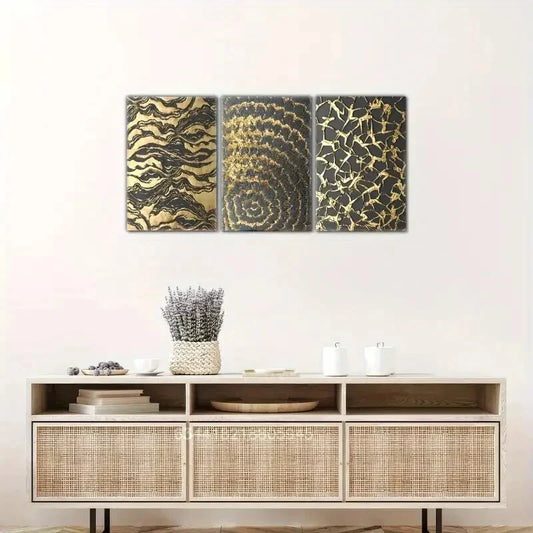 3pcs Golden Wave, Spiral, and Geometric Patterns Metal Print Ready to Hang Art