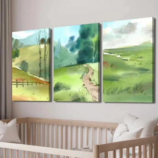 3pcs Meadow with Lush Green Grass & Wildflowers Wall Art Set Canvas Framed 40x60cm - High Quality Print 100% Australian Made Wall Canvas Ready to Hang