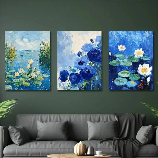 3pcs Vibrant Water Lilies & Lavender Designs Metal Print Ready to Hang Art