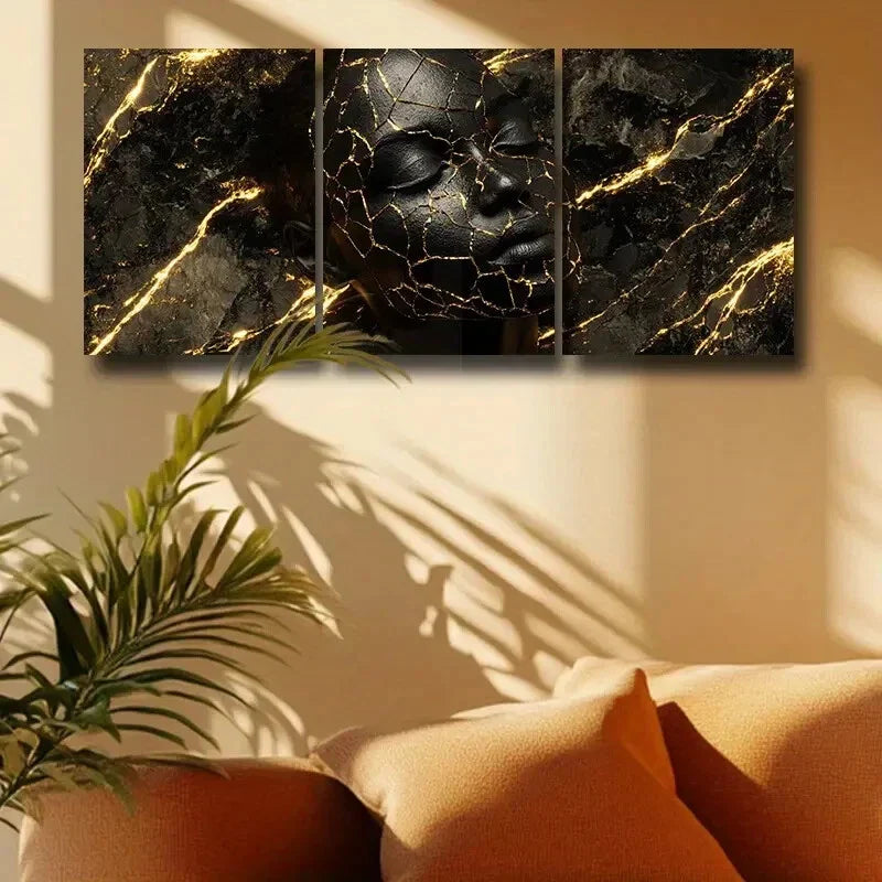 3pcs Split Face with Golden Accents Design Metal Print Ready to Hang Art