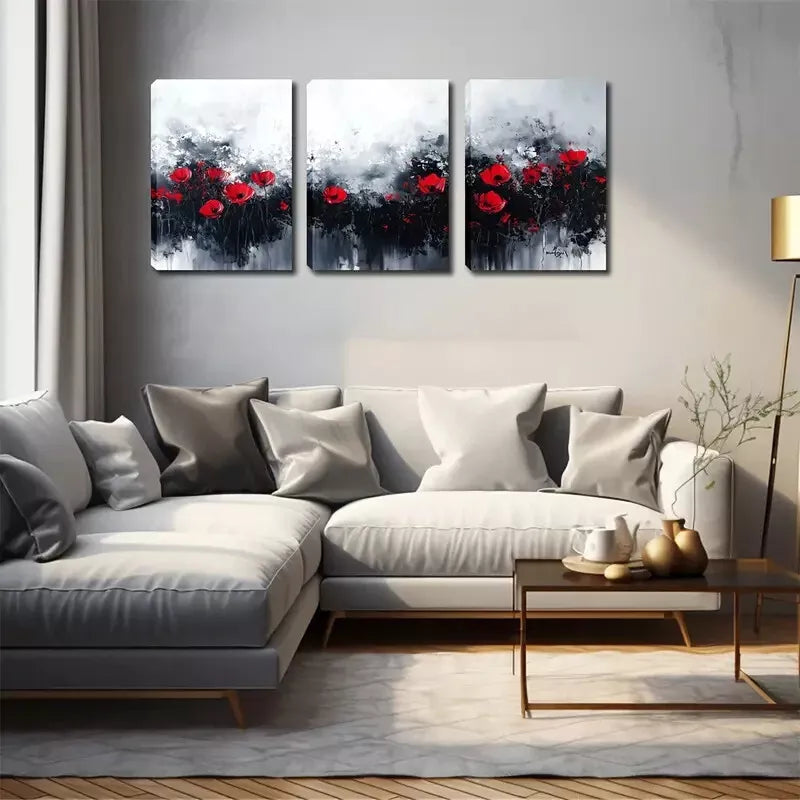 3pcs Black And White Background, Red Flowers Wall Art Set Canvas Framed 40x60cm - High Quality Print 100% Australian Made Wall Canvas Ready to Hang