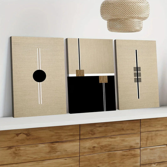 3pcs Black Round Box Lines White Lines Wall Art Set Canvas Framed 40x60cm - High Quality Print 100% Australian Made Wall Canvas Ready to Hang