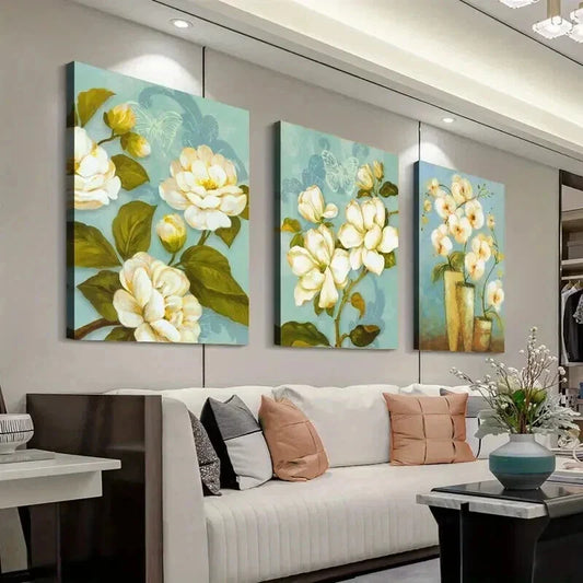 3pcs Teal Background & White Flowers Wall Art Set Canvas Framed 40x60cm - High Quality Print 100% Australian Made Wall Canvas Ready to Hang