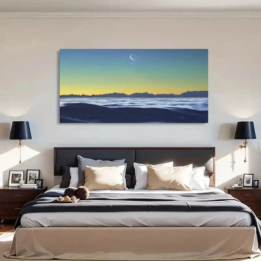 Moonlit Beach & Mountain Lands Wall Art Canvas Office Home Room Framed 80x45cm