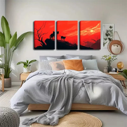 3pcs  Red Sky And Black Cat Wall Art Set Canvas Framed 40x60cm - High Quality Print 100% Australian Made Wall Canvas Ready to Hang