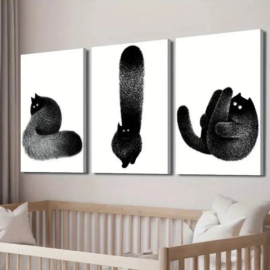 3pcs Black & White Feline Fluffy Black Cat Decor Wall Art Set Canvas Framed 40x60cm - High Quality Print 100% Australian Made Wall Canvas Ready to Hang