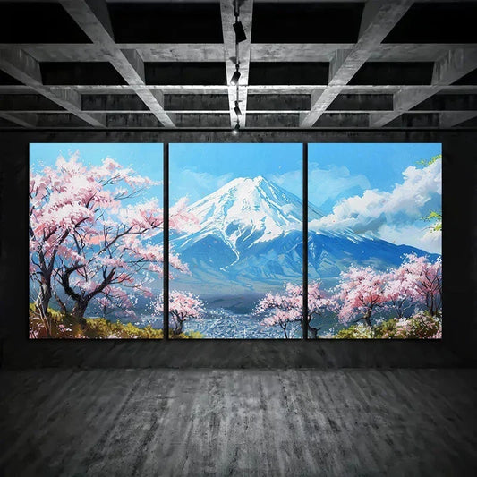 3pcs Cherry Blossom Snow-Capped Mountain Metal Print Ready to Hang Art