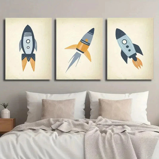 3pcs Rocket Planet Vintage Outer Space Metal Print Ready to Hang Art
