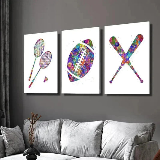 3pcs Rainbow Badminton Football Baseball Wall Art Set Canvas Framed 40x60cm - High Quality Print 100% Australian Made Wall Canvas Ready to Hang