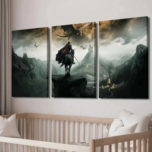 3pcs Flying Dragon And Black Knight Wall Art Set Canvas Framed 40x60cm - High Quality Print 100% Australian Made Wall Canvas Ready to Hang