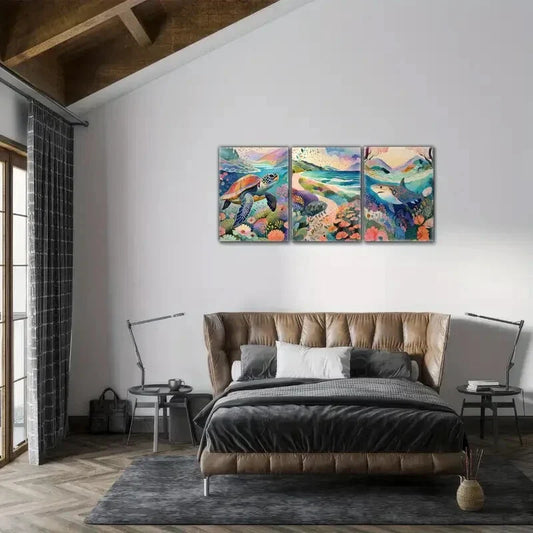3pcs Turtle Shark Floral Art Print Watercolor Metal Print Ready to Hang Art