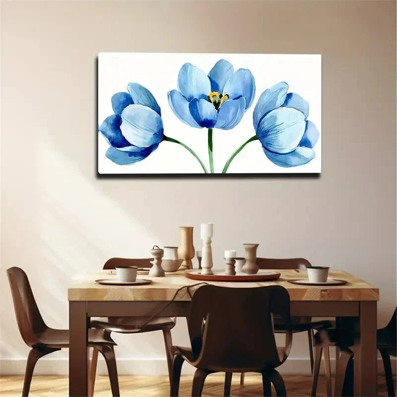 Light Blue Blooming Poppies Wall Art Canvas Office Home Room Framed 80x45cm