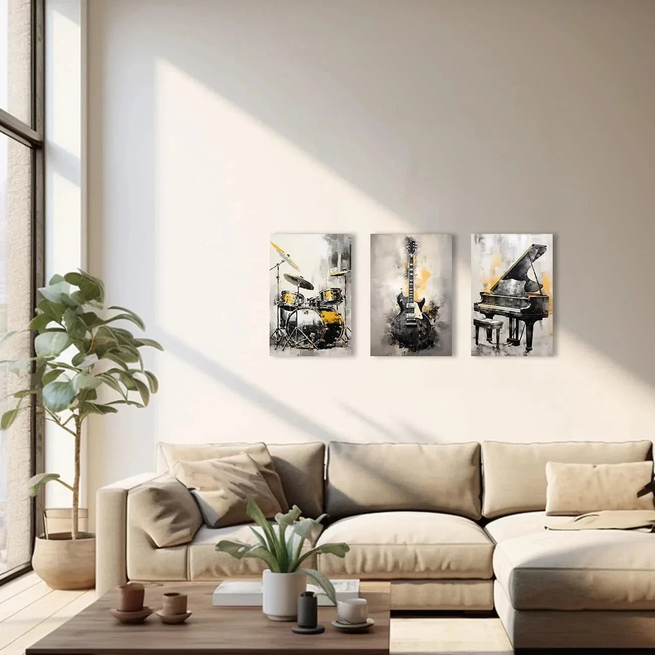 3pcs Music Black and Golden Guitar Piano Metal Print Ready to Hang Art