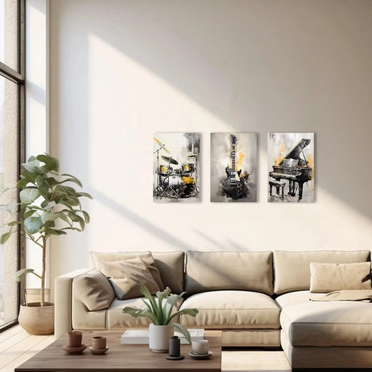 3pcs Music Black and Golden Guitar Piano Metal Print Ready to Hang Art