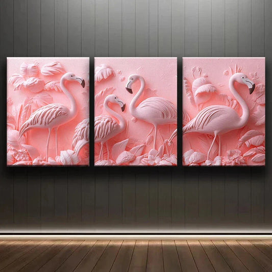 3pcs Pink Themed Flamingo Birds Modern Metal Print Ready to Hang Art