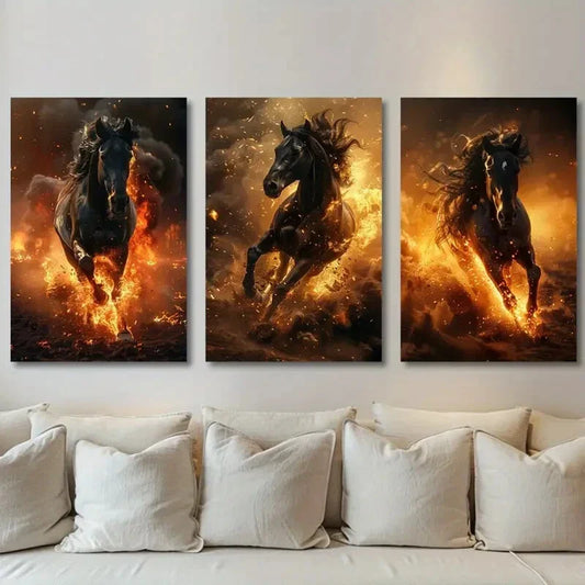 3pcs Black Horse Majestic Fire-Breathing Horse Metal Print Ready to Hang Art