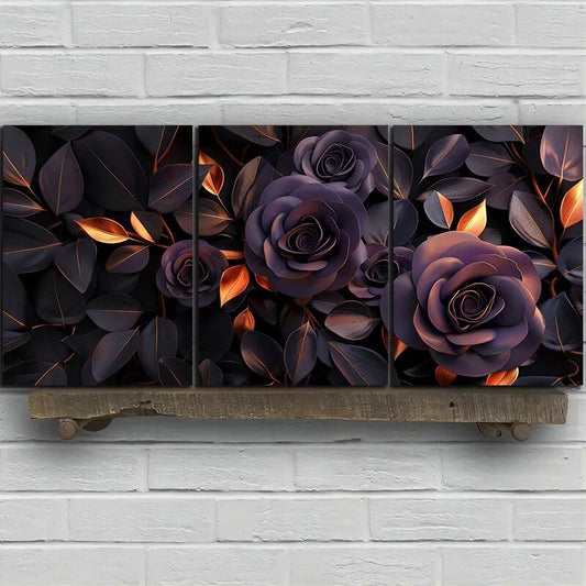 3pcs Purple Roses Golden Leaves Metal Print Ready to Hang Art