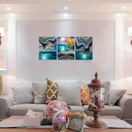3pcs Golden Deer & Ocean Landscape  Metal Print Ready to Hang Art