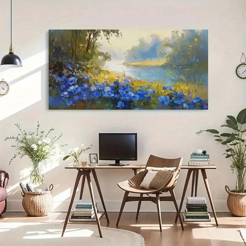 Vibrant Blue Flowers & Serenec Wall Art Canvas Office Home Room Framed 120x60cm