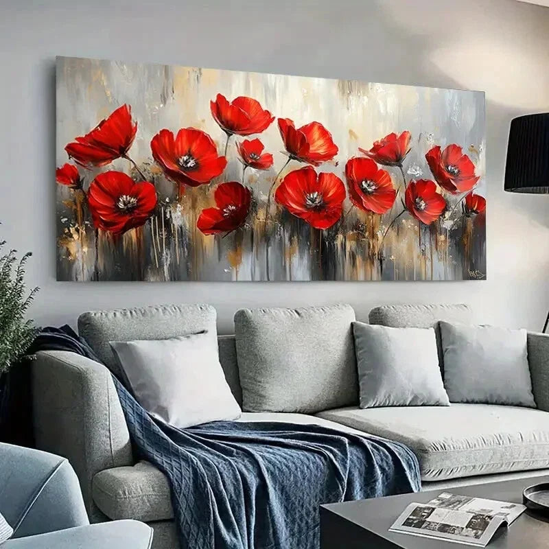 Vibrant Red Flowers Wall Art Canvas Office Home Room Framed 120x60cm