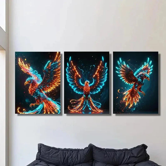 3pcs Abstract Flaming Phoenix Bird Art, Colorful  Metal Print Ready to Hang Art