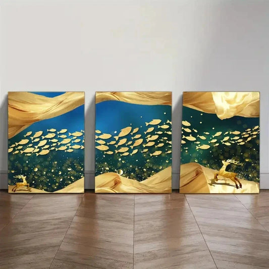 3pcs Underwater world, a group of Golden fish Metal Print Ready to Hang Art