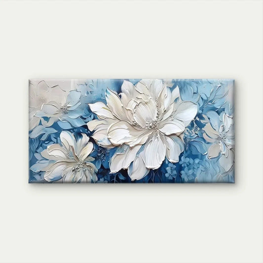 Elegant White & Blue Floral Wall Art Canvas Office Home Room Framed 80x45cm