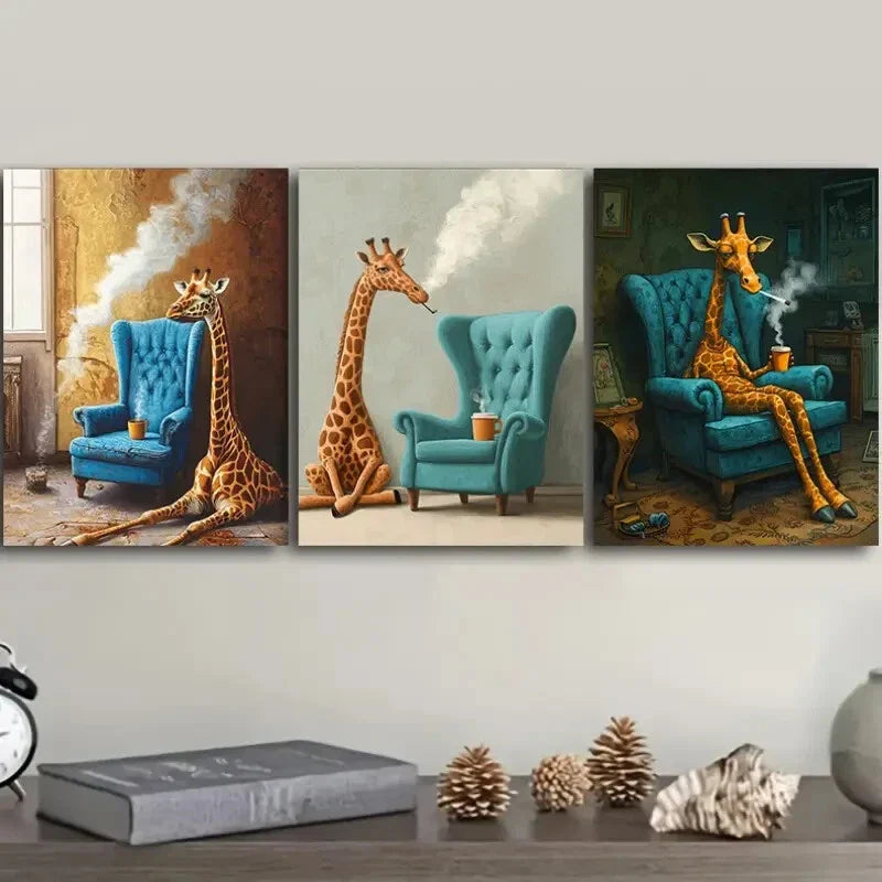 3pcs Giraffe & Armchair Wall Art Set Canvas Framed 40x60cm - High Quality Print 100% Australian Made Wall Canvas Ready to Hang