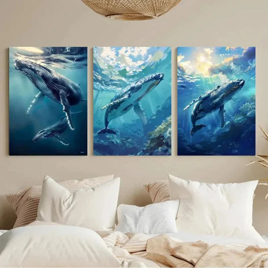 3pcs Humpback Whale and Her Calf Metal Print Ready to Hang Art