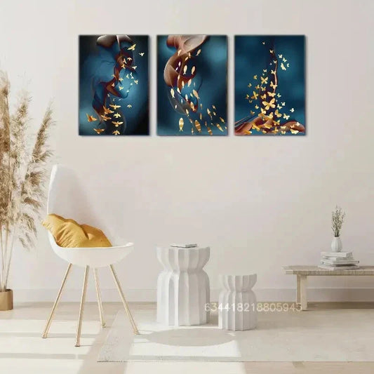 3pcs Birds and butterflies on a blue background Metal Print Ready to Hang Art