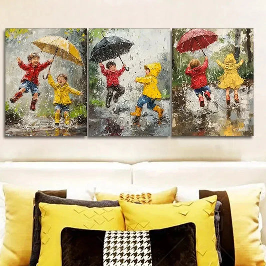3pcs 2 kids playing in the rain  Metal Print Ready to Hang Art