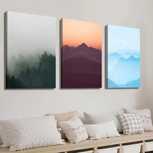 3pcs Foggy Mountains Landscape Wall Art Set Canvas Framed 40x60cm - High Quality Print 100% Australian Made Wall Canvas Ready to Hang