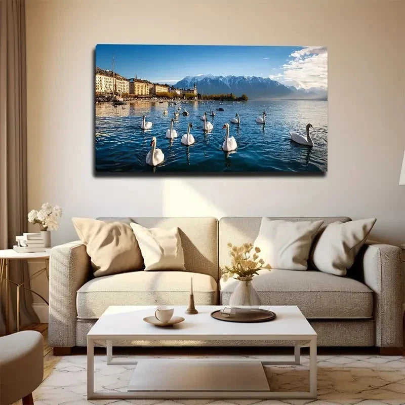 A Group Of Swans On The Lake Wall Art Canvas Office Home Room Framed 80x45cm