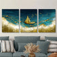 3pcs Ocean scenery, golden sailboat, smooth sail Metal Print Ready to Hang Art