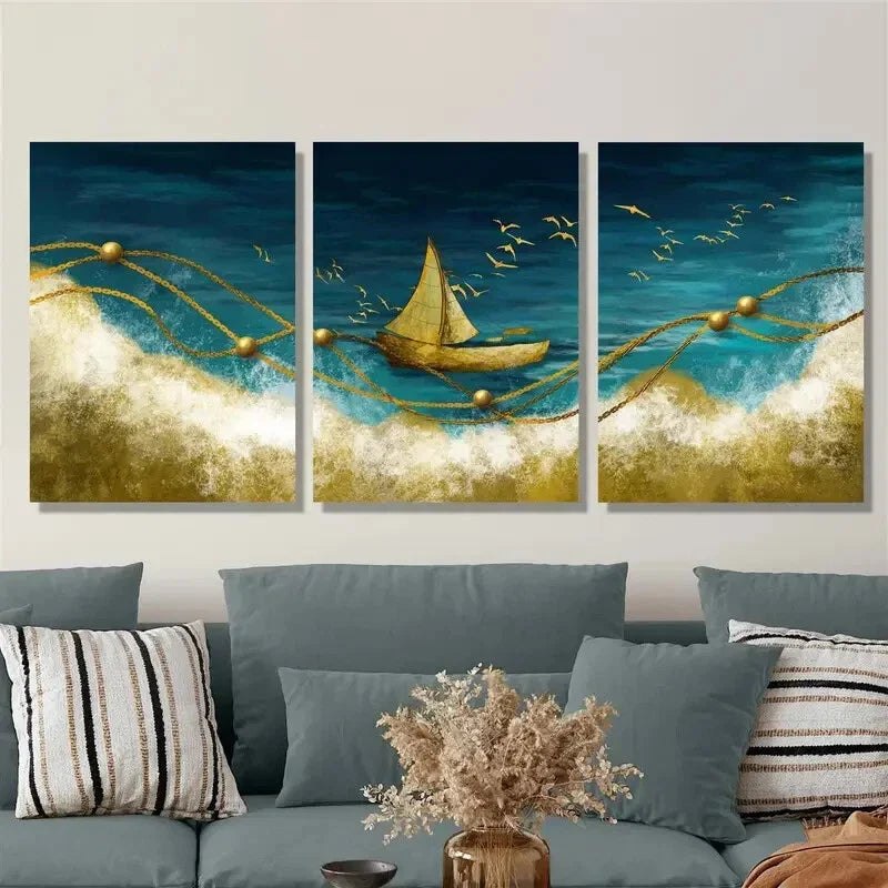 3pcs Ocean scenery, golden sailboat, smooth sail Metal Print Ready to Hang Art
