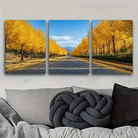 3pcs Golden Autumn Avenue Triptych Wall Art Set Canvas Framed 40x60cm - High Quality Print 100% Australian Made Wall Canvas Ready to Hang