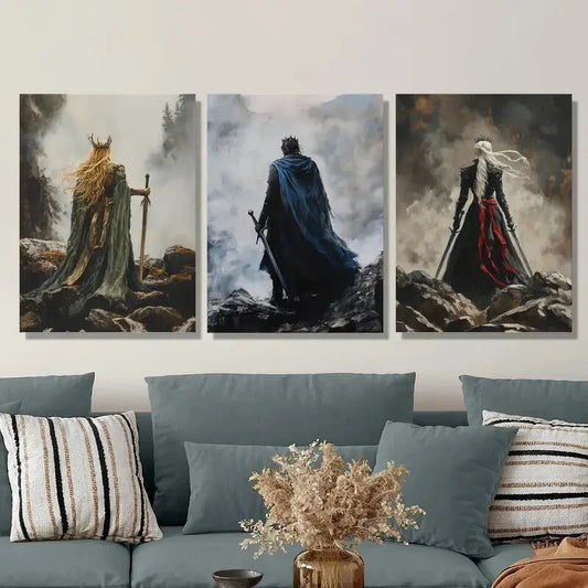 3pcs Swordsmen & Mystical Figures, Metal Print Ready to Hang Art