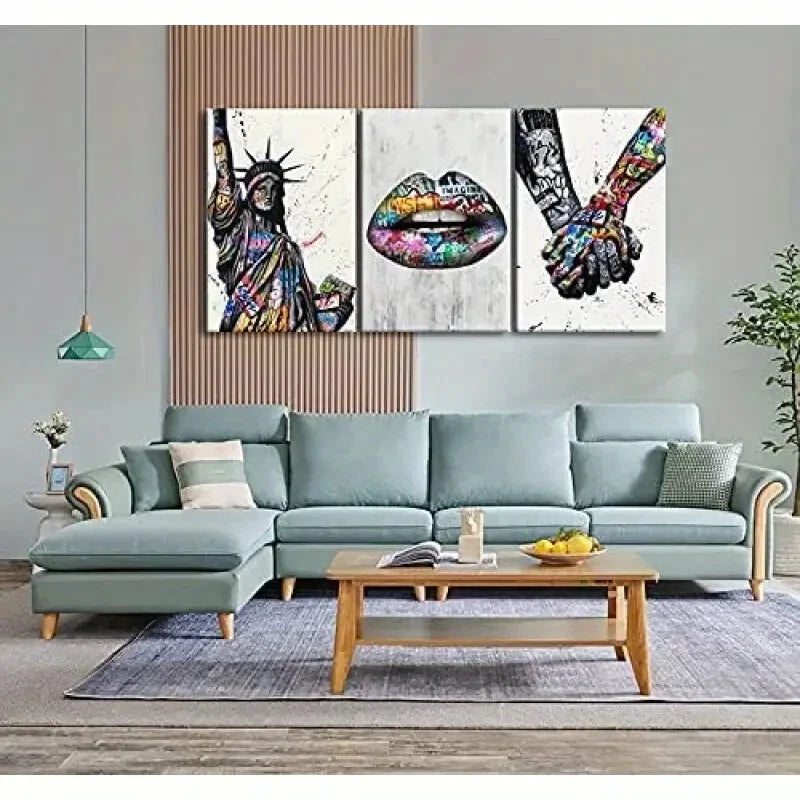 3pcs Colorful Lip Hands Statue Painting  Metal Print Ready to Hang Art