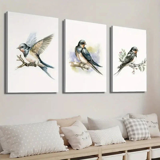 3pcs Bird Illustration on Tree Branch Wall Art Set Canvas Framed 40x60cm - High Quality Print 100% Australian Made Wall Canvas Ready to Hang