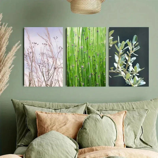3pcs Olive Branches, Green Bamboo, Pale Sunsets Metal Print Ready to Hang Art