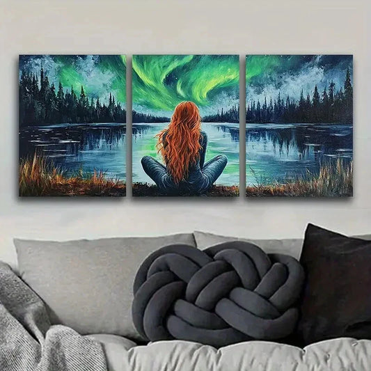 3pcs Northern Lights & Silhouette, Aurora Art  Metal Print Ready to Hang Art