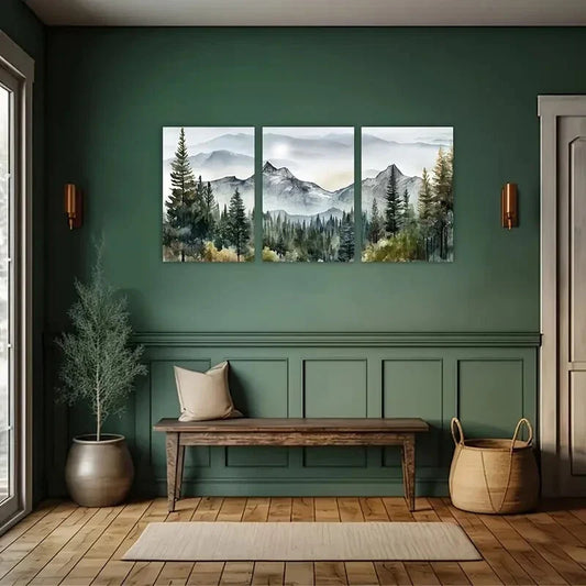 3pcs Mountain Landscape with Misty Pine Trees Metal Print Ready to Hang Art