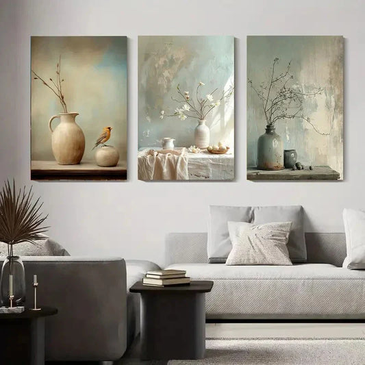 3pcs Vintage Floral Vase And Bird Soft Pastel Metal Print Ready to Hang Art