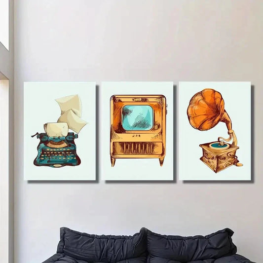 3pcs Old style printer, old TV and music machine Metal Print Ready to Hang Art