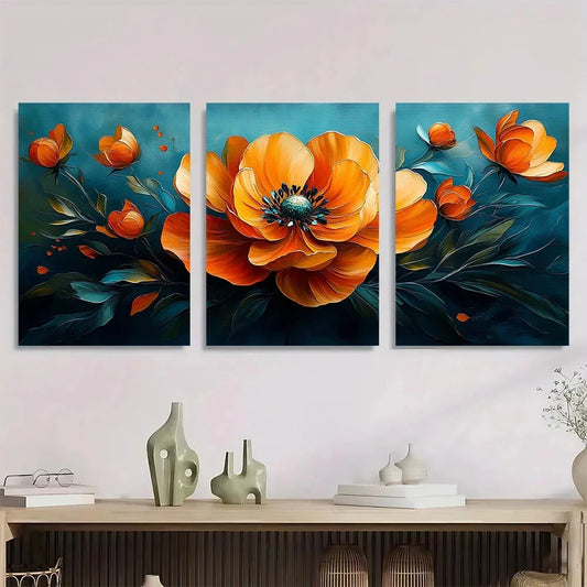 3pcs Vibrant Flower Colourful Orange Leaves Metal Print Ready to Hang Art
