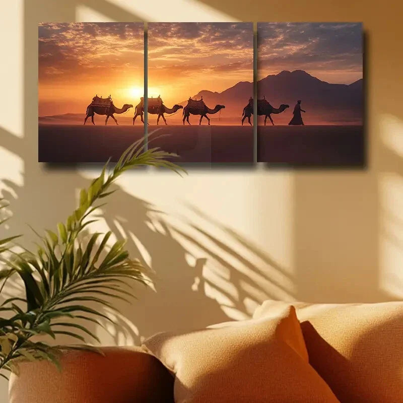 3pcs Camel Train in Desert Metal Print Ready to Hang Art